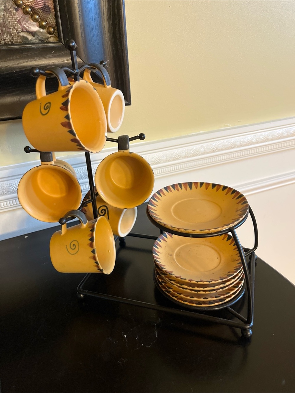 vintage 80s expresso cups/saucers,tree stand .  mustard yellow earthenware Italy